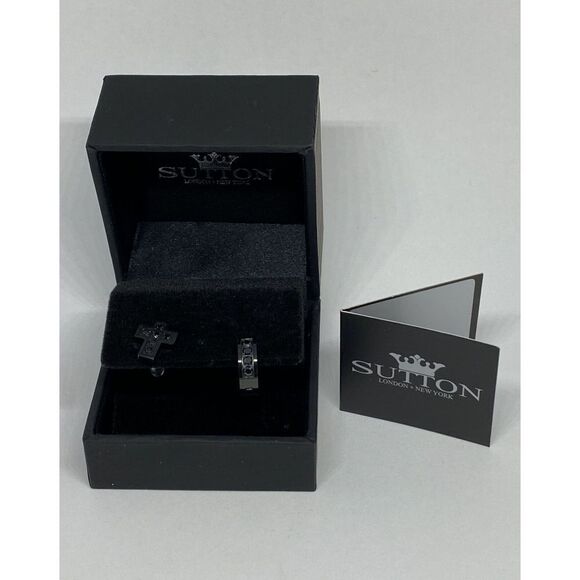 Sutton by Rhona Sutton SER014 Men's Black Ion-Plated Stud & Earrings 2-Pc JW79 - Picture 1 of 5
